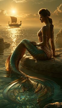 A Odyssey single commanding siren seated with iridescent tail regally atop a broad flat rock at the water's edge resting on stone, gazing directly toward a distant ancient Greek bireme
