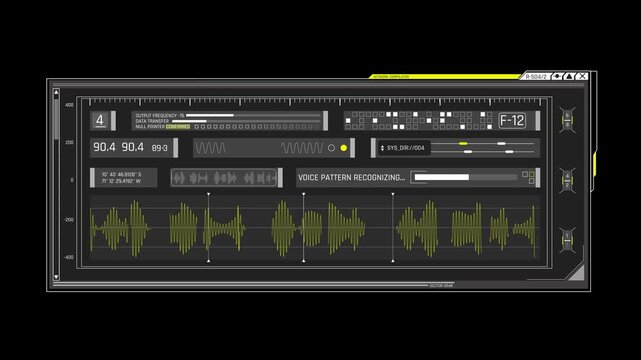 Futuristic Sci Fi HUD OS Window Voice Recognition and Audio Waveform Spectrum for Cyber Surveillance and Sound Analysis