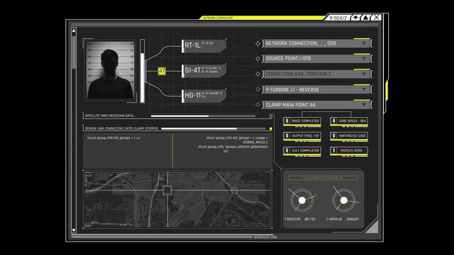 Futuristic Sci Fi HUD OS Window with Satellite Map Reconnaissance Biometric Profile and System Telemetry for Tactical Cyber Control