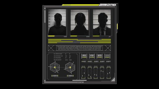 Futuristic Sci Fi HUD OS Window Suspect Lineup and Criminal Dossier Interface for Police Database and Cyber Surveillance