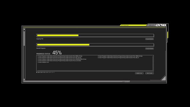 Futuristic Sci Fi HUD OS Window File Copy Progress Bar and System Data Transfer Interface for Cyber Security and Hacking