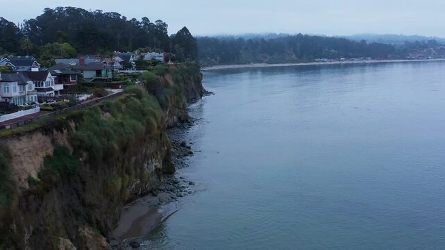Aerial drone Capitola Village beach and cliffs