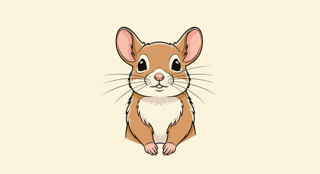 Adorable brown and white field mouse looks directly forward with big black eyes on a warm cream colored background.
