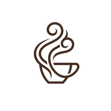 Minimalist brown line art coffee cup logo with elegant swirling steam smoke, modern vector design for cafe shop branding, hot tea house, espresso bar, and relaxing beverage identity