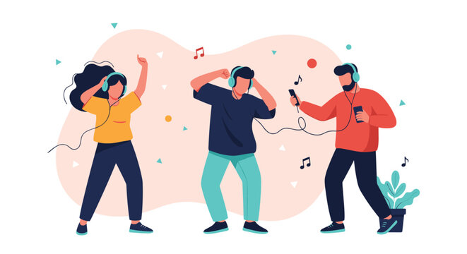 Three happy friends dancing and listening to upbeat music on their headphones while enjoying a fun social party.