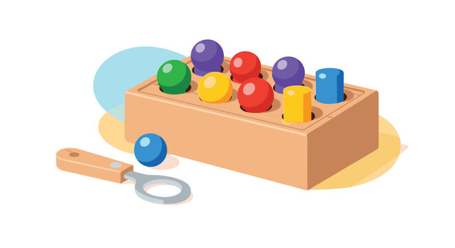 Colorful wooden peg sorting toy for toddlers with round spheres and cylinders designed for early learning play.