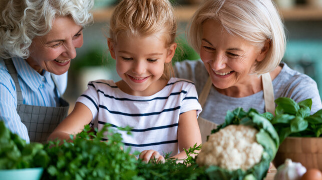 Three generations preparing healthy meals together with fresh vegetables and herbs, family cooking tradition , with copy space
