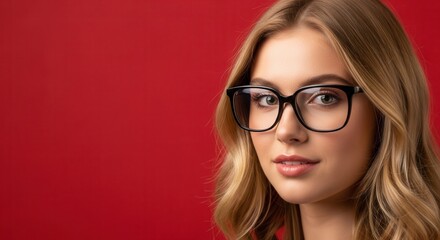 Fototapeta premium Young woman with glasses on red.