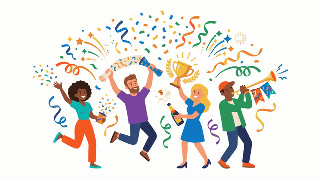 Diverse group celebrates with confetti champagne trophy and trumpet