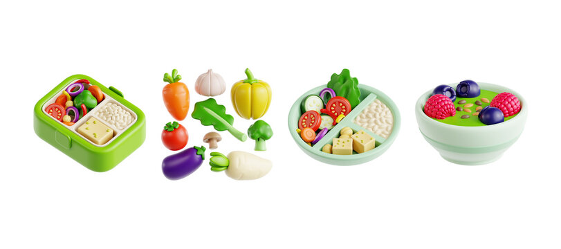 3D vegetarian food icons lunch box fresh vegetables salad bowl culinary arts