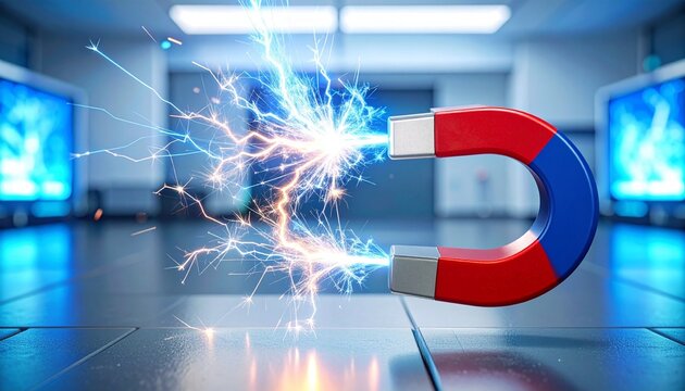A powerful magnet crackles with electric sparks, red and blue poles glowing, symbolizing energy, attraction, and the dynamic force of electromagnetism in motion.