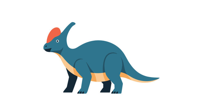 Cute blue dinosaur with a prominent red head crest walking, illustrated in a friendly cartoon graphic style.