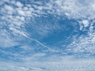 Clear blue sky with thin white clouds forming patterns resembling fish scales or ripples—specifically cirrocumulus clouds often referred to as a buttermilk sky. © saksuvan