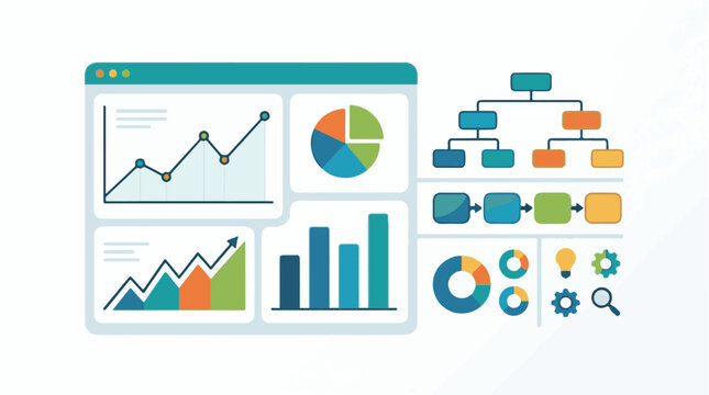 Diverse business analytics charts flow diagrams and icons