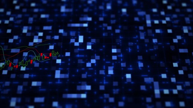 Futuristic stock market chart with rising financial trend, digital trading analytics and global investment, candlestick line move stock trend squares random abstract background