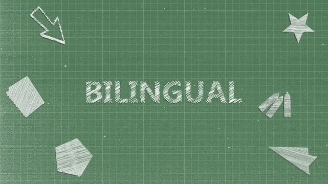 Animated Chalk "BILINGUAL" Typography with Hand-Drawn School Elements on Green Grid Board