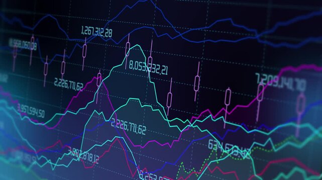 Overlay chart and candle futuristic financial market analytics with rising stock index, investment performance dashboard and digital trading data visualization background