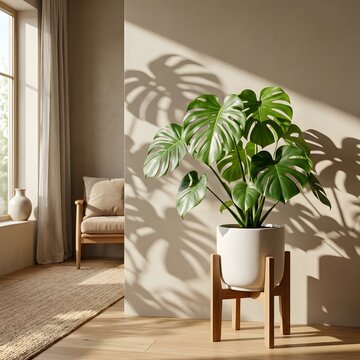 Monstera Deliciosa Plant in Modern Minimalist Living Room Interior