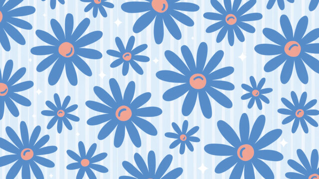 Cute seamless floral pattern adorable pastel blue six-petal flowers with soft rounded petals vector background 