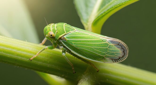 Vibrant Green Leafhopper Insect on Plant Stem Close-Up