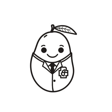 Cute smiling pear character with leaf hat holding a shopping bag