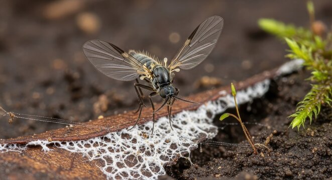 Fungus Gnat Insect with Delicate Wings on Textured Surface