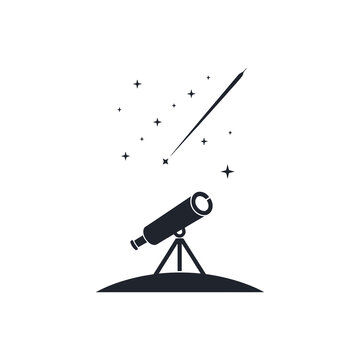 A black telescope on a tripod looks up at a shooting star