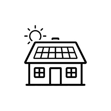 A simple line drawing of a house with solar panels on the roof