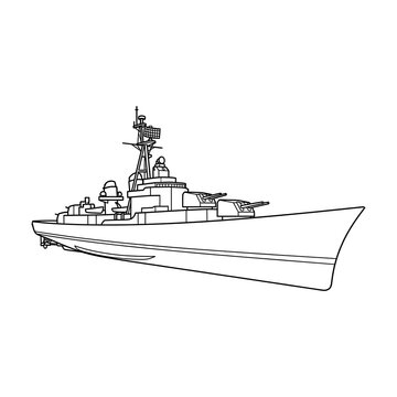 Outline illustration of a military warship and naval destroyer. Black and white line art of a heavy combat ship equipped with naval guns and radar.