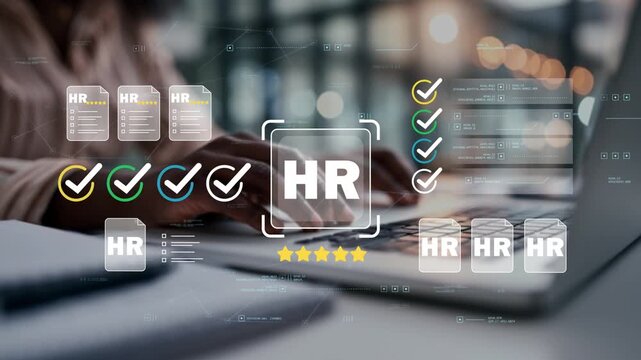 Black business leader reviewing workforce planning documents with animated HR icon, diversity and inclusion management, employee analytics and enterprise people management software