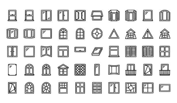 Architecture House Windows Icon Set Featuring Arched Triangular Square Bay Casement Jalousie and Balcony Window Frames for Real Estate Construction and Building Designs,