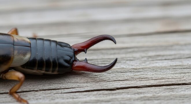 Close-up of an Earwig's Powerful Pincers on Wood Surface