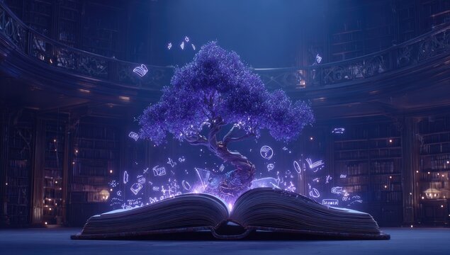 Mystical book, floating tree,  crystal magic