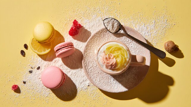 A bright dessert assortment casually scattered across a pastel yellow background with intentionally open areas and crisp natural shadows