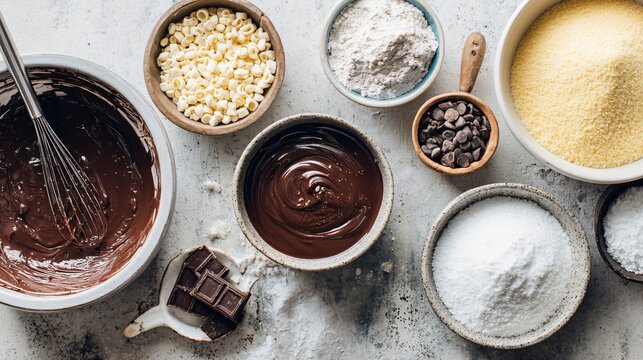 A bright kitchen prep scene with bowls of melted chocolate, cereal, and powdered sugar organized neatly on a light stone countertop