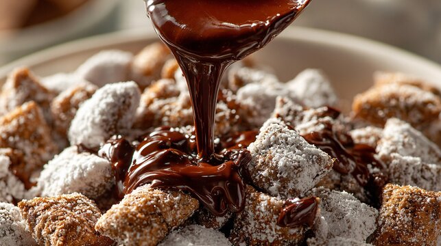 A close up top-down shot of melted chocolate being drizzled over puppy chow clusters with glossy motion detail and soft reflections