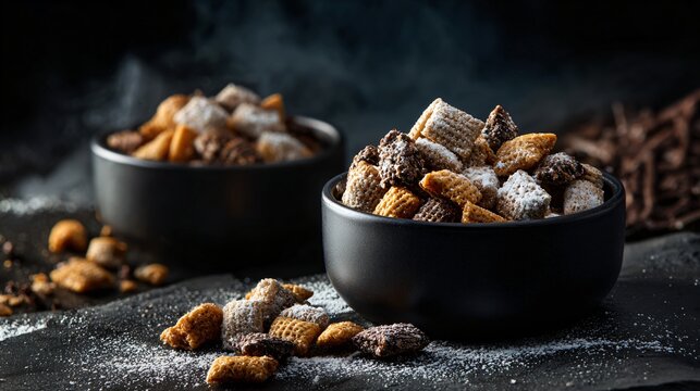A dark moody dessert composition with puppy chow served in matte black bowls against a charcoal stone background under dramatic directional light