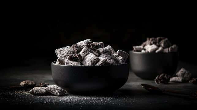 A dark moody dessert composition with puppy chow served in matte black bowls against a charcoal stone background under dramatic directional light