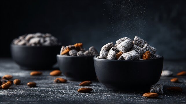 A dark moody dessert composition with puppy chow served in matte black bowls against a charcoal stone background under dramatic directional light