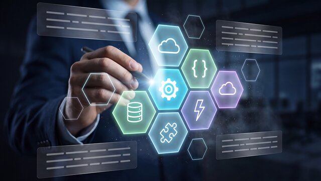 Cloud computing architecture with hexagon icons for server database, code brackets, gear settings, puzzle integration and power, enterprise software infrastructure, api development and system deployme