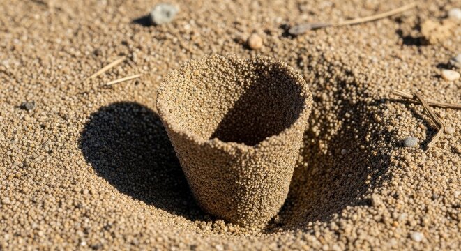 Antlion Larva's Funnel-Shaped Sand Trap in the Ground