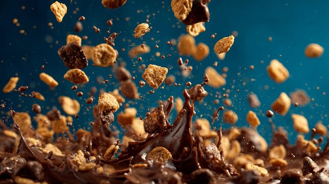 A dynamic top-down action shot of cereal pieces falling into melted chocolate captured mid-air with frozen motion and rich texture detail