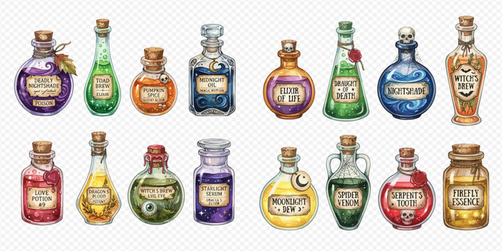 Set of colorful magic potion bottles with labels, mystical elixirs for fantasy and Halloween concepts.
