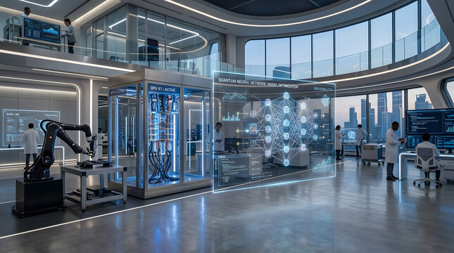 Futuristic ai research laboratory with quantum neural network hologram and robotic arm
