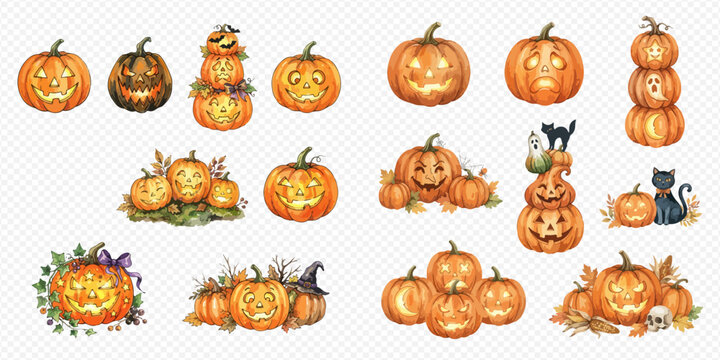 Watercolor Halloween Pumpkins Collection: Jack-o'-Lanterns, Spooky Decorations, and Autumn Elements.