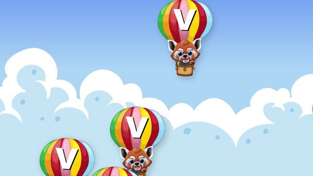 Animated Red Panda Characters Falling in Colorful Hot Air Balloons