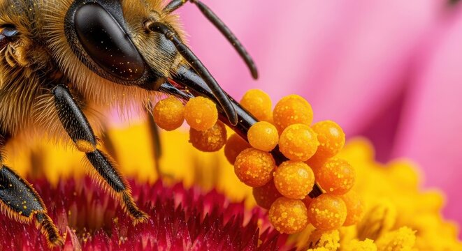 Bee gathering pollen on a vibrant flower