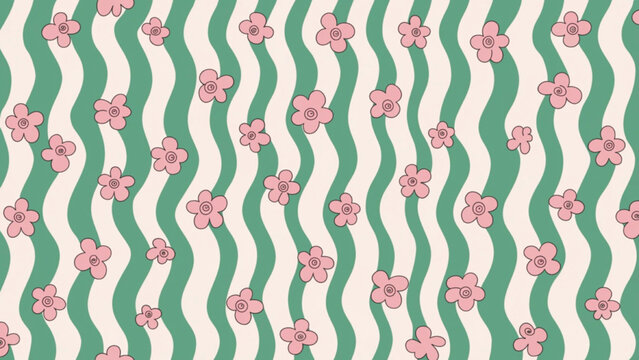 Seamless retro floral pattern featuring hand-drawn wavy vertical stripes vector background 