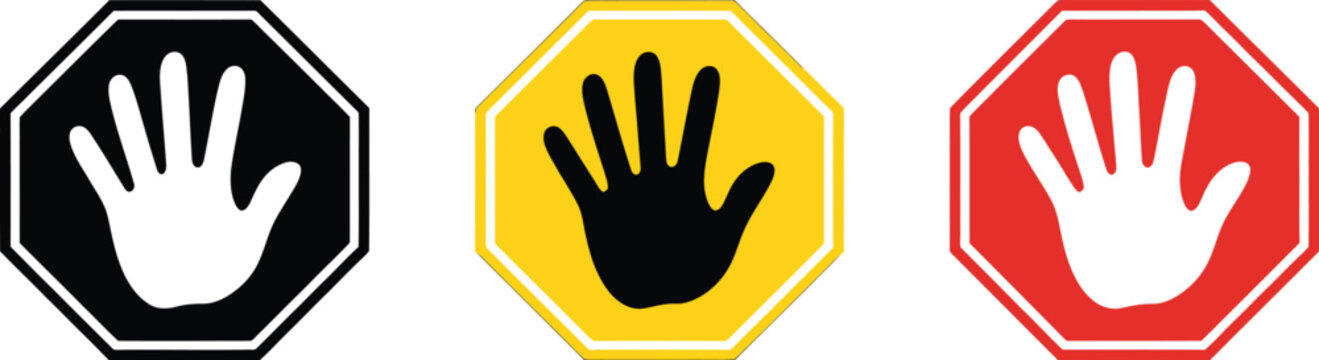 Stop sign icon set, prohibition symbols, no entry warning, stop hand gesture, traffic regulation, safety signage, restricted area, modern vector illustration