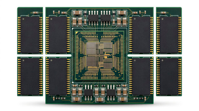 A computer chip with multiple memory modules on a white background